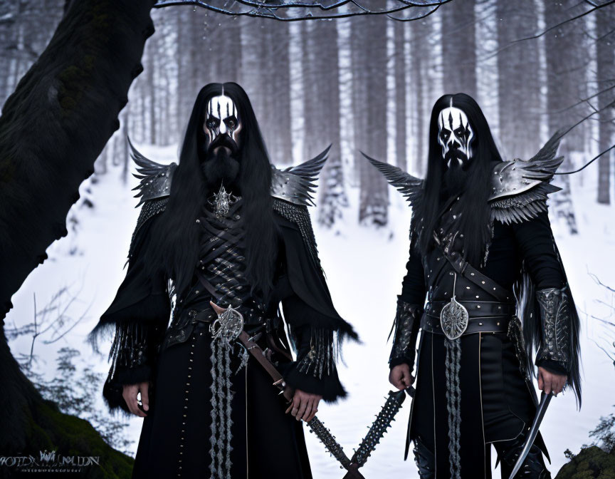 Two Gothic armored figures with chain and feather details in misty forest.