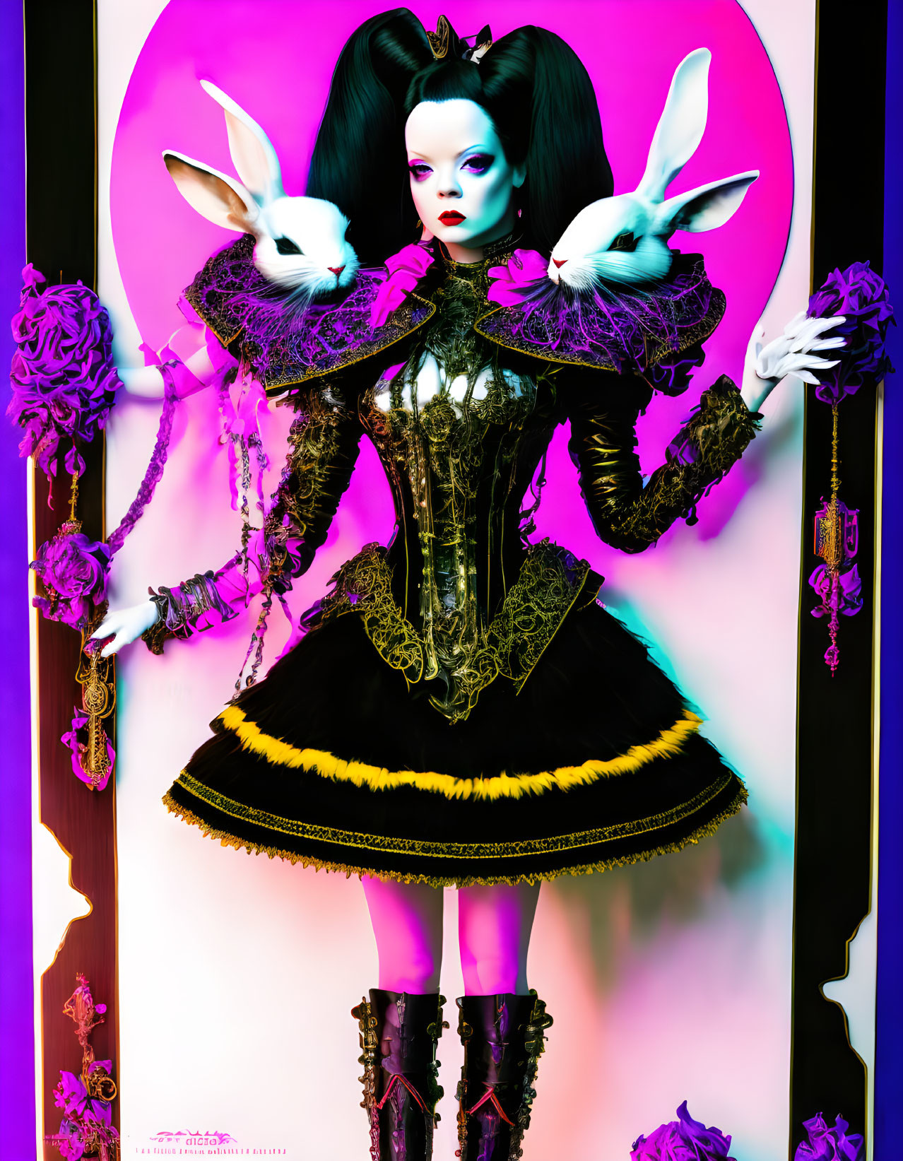 Surreal gothic lolita character in porcelain skin on vibrant background