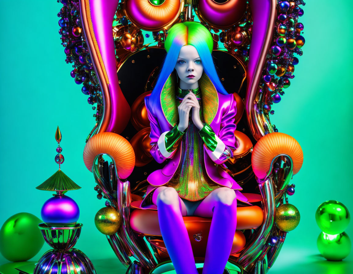 Colorful surreal portrait of a woman with blue hair on a psychedelic throne