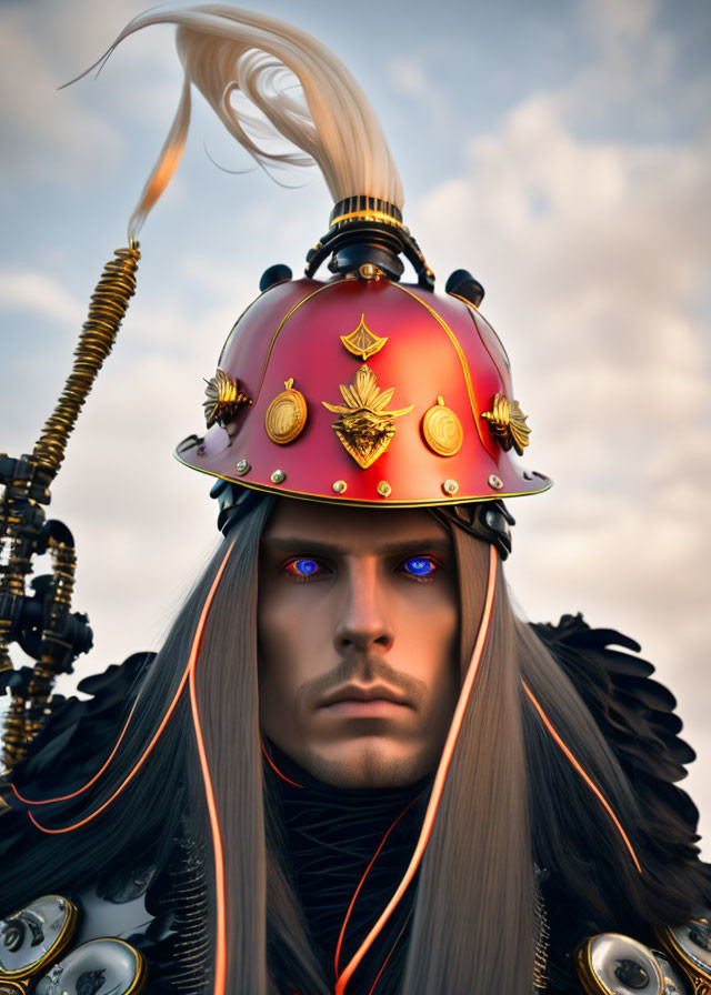 Stylized 3D rendering of figure in red and gold helmet under cloudy sky