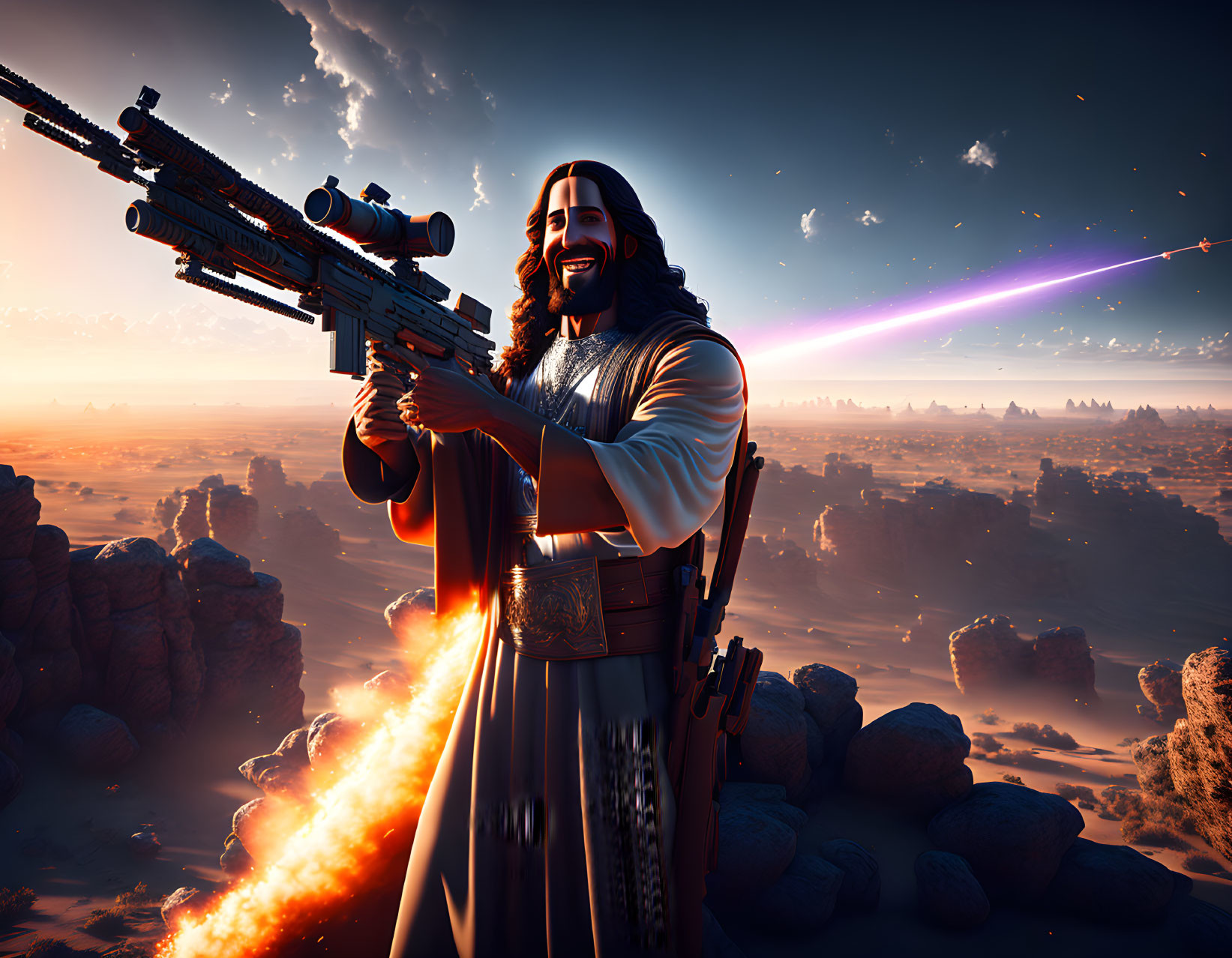 Stylized futuristic Jesus figure with laser rifle in desert landscape