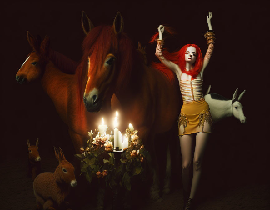 Red-haired woman dances with horses and rabbits in candlelit scene