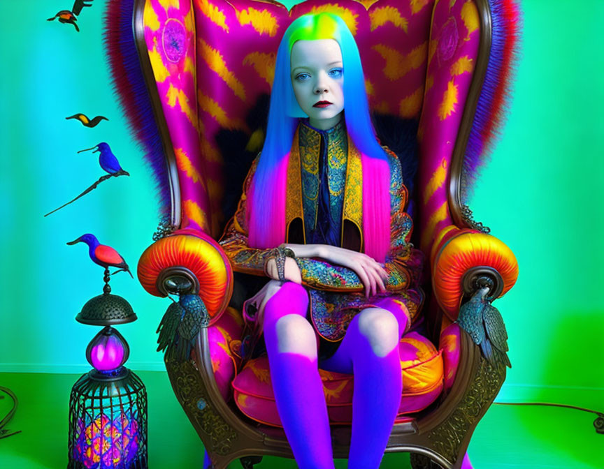 Blue-Haired Person in Psychedelic Room with Bird Silhouettes