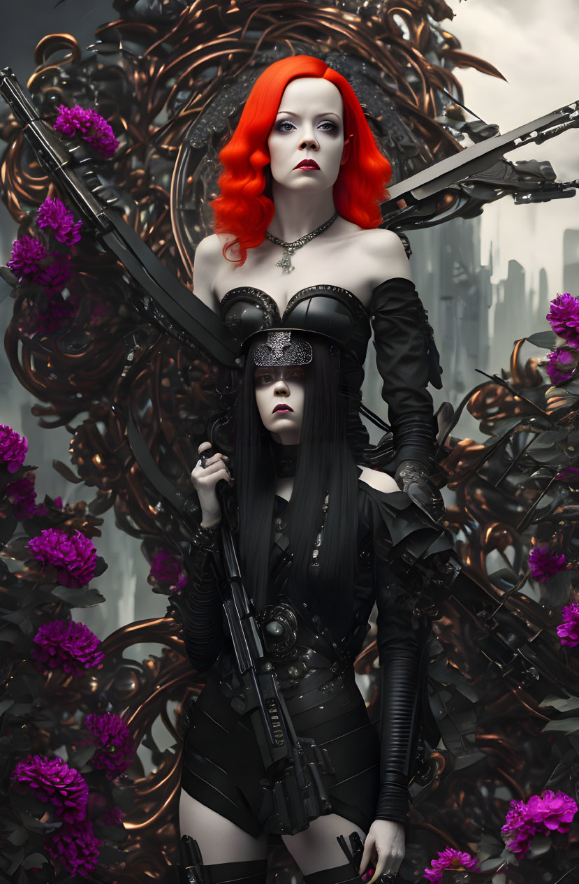 Two stylized women in futuristic gothic attire with red and purple accents in urban setting.