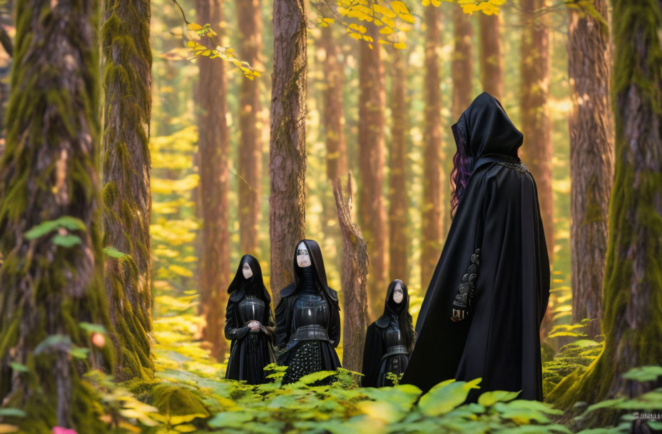 Cloaked figures in mossy forest with sunlight filtering through leaves