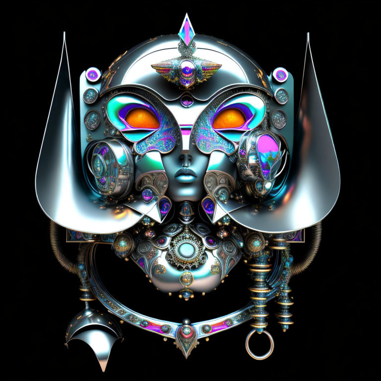 Intricate metallic futuristic mask with vibrant colors