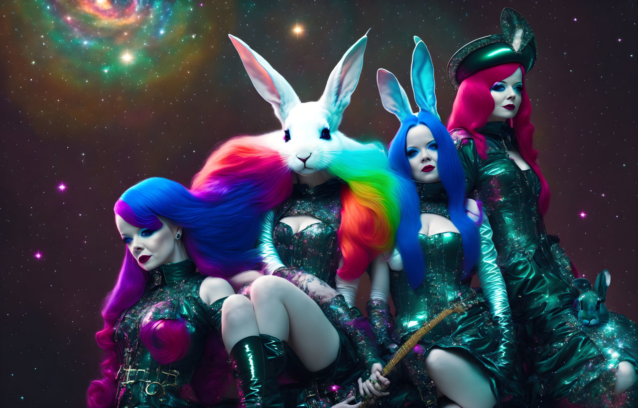Three women in futuristic costumes with colorful hair and a large rabbit in vibrant cosmic scene