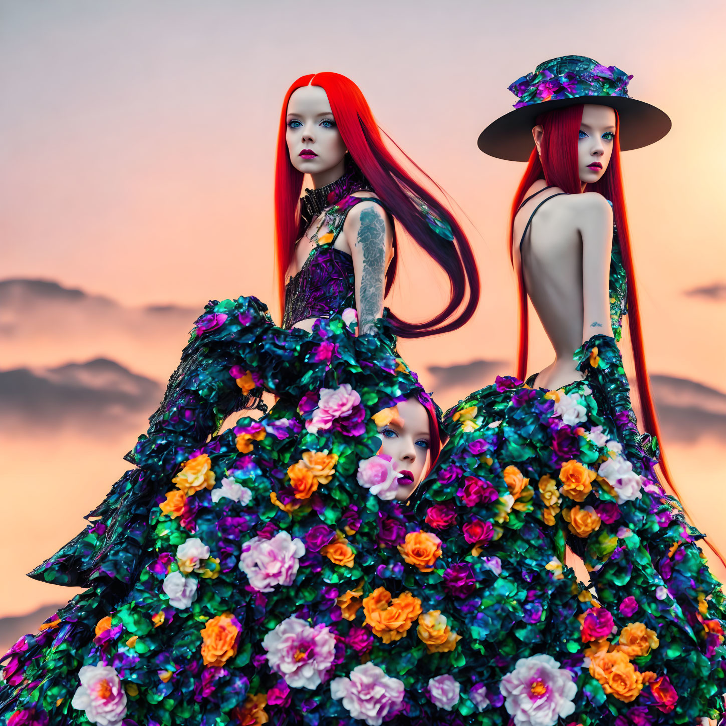 Bright red-haired models in floral gowns under pastel sunset sky