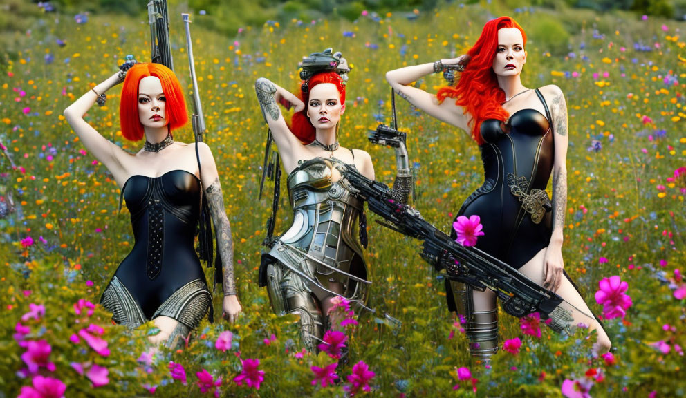 Stylized female characters with red hair and futuristic weapons in wildflower field