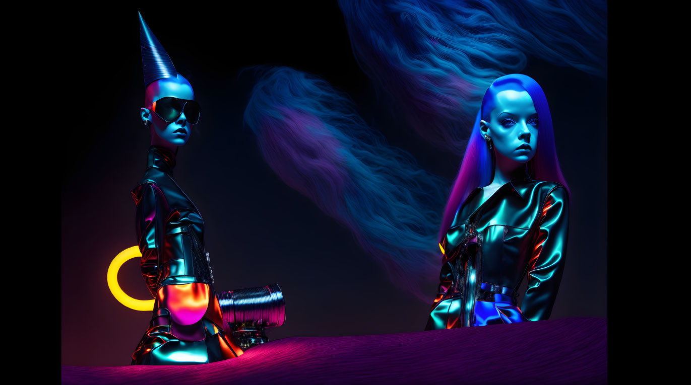 Futuristic figures in black outfits with stylized hair under neon lights