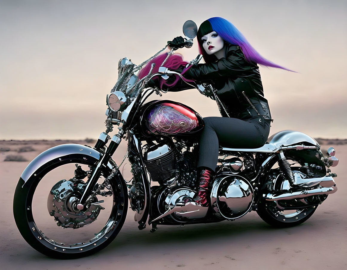 Blue-haired person in leather outfit on custom motorcycle in dusk landscape