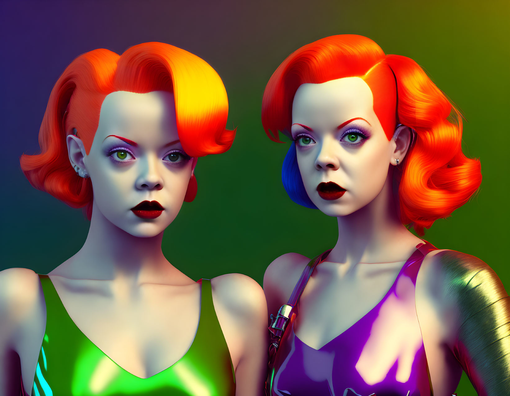 Vibrant 3D Female Figures with Red-Orange Hair and Colorful Outfits