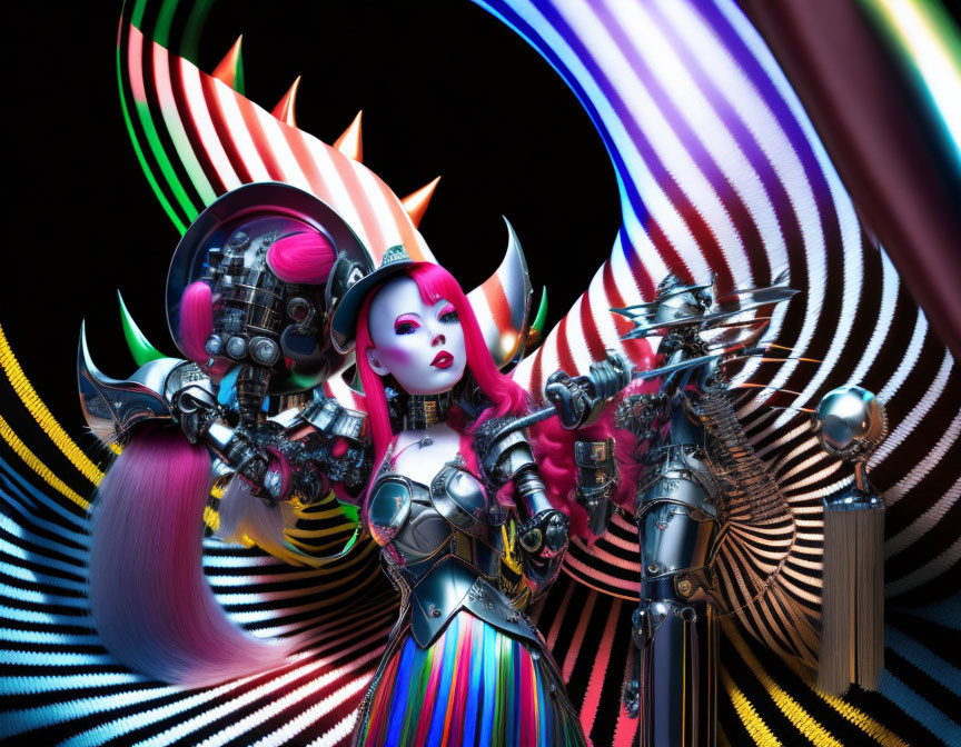 Purple-skinned female warrior with cybernetic enhancements in front of multicolored backdrop wields spiked