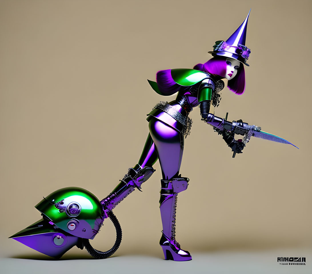 Futuristic robotic witch in pointy hat, metallic suit, scythe, and high-heeled