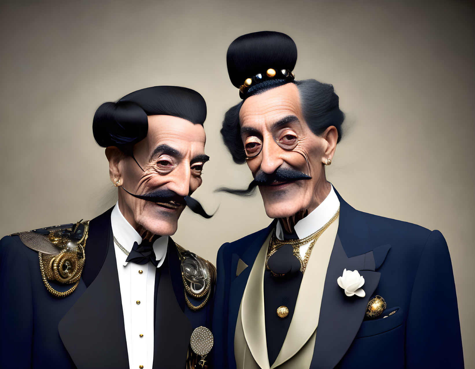 Stylized animated male figures in ornate military-style attire