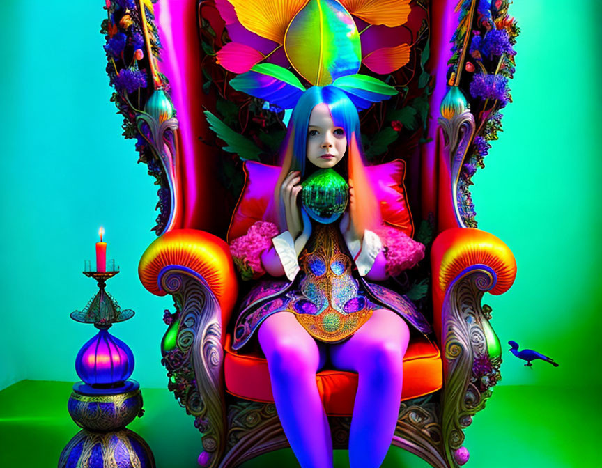 Surrealist image: Girl with blue hair on ornate throne surrounded by vivid colors