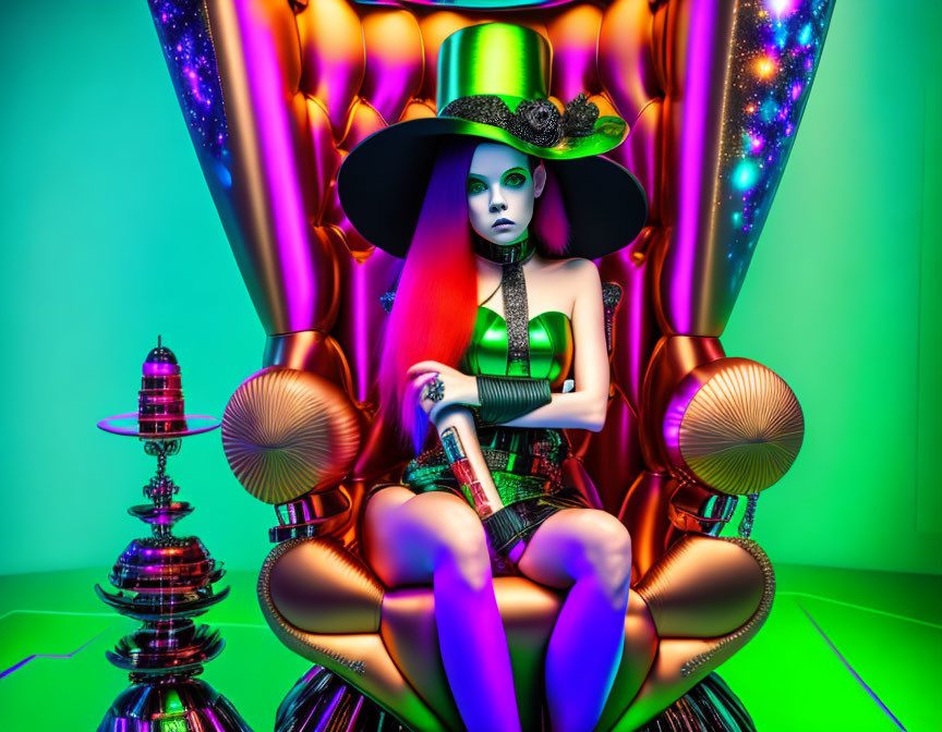 Stylized woman with green makeup and hat holding a megaphone in neon-lit room