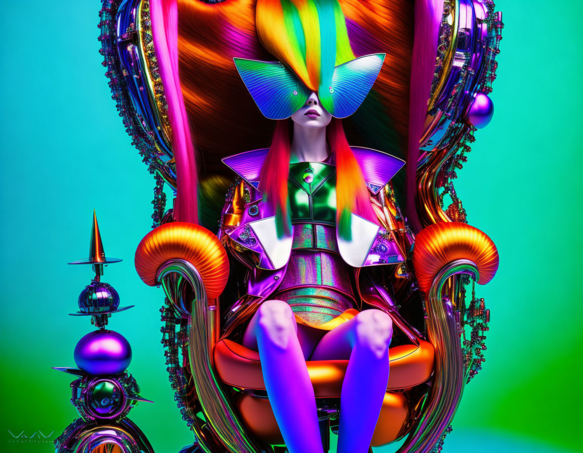 Colorful futuristic digital art: stylized female figure with vibrant clothing and geometric ornaments on green and blue