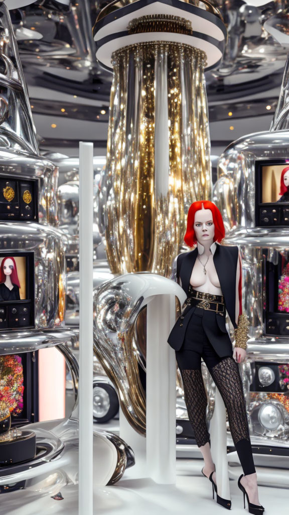 Red-haired mannequin in black blazer and lace tights in futuristic room with reflective surfaces and