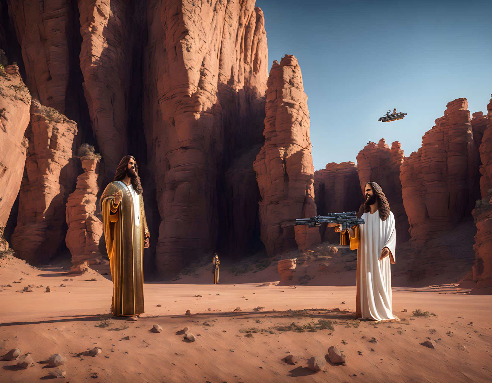 Ancient robed figures in desert canyon with futuristic vehicles above