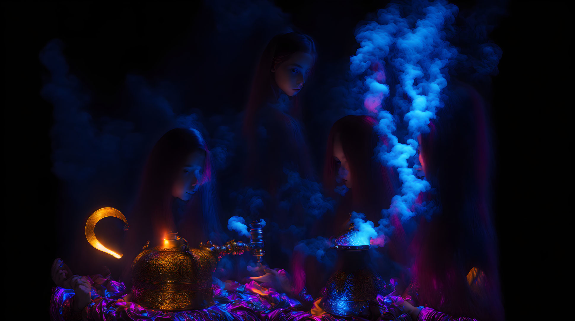 Three Women Around Incense Burner in Mystical Scene