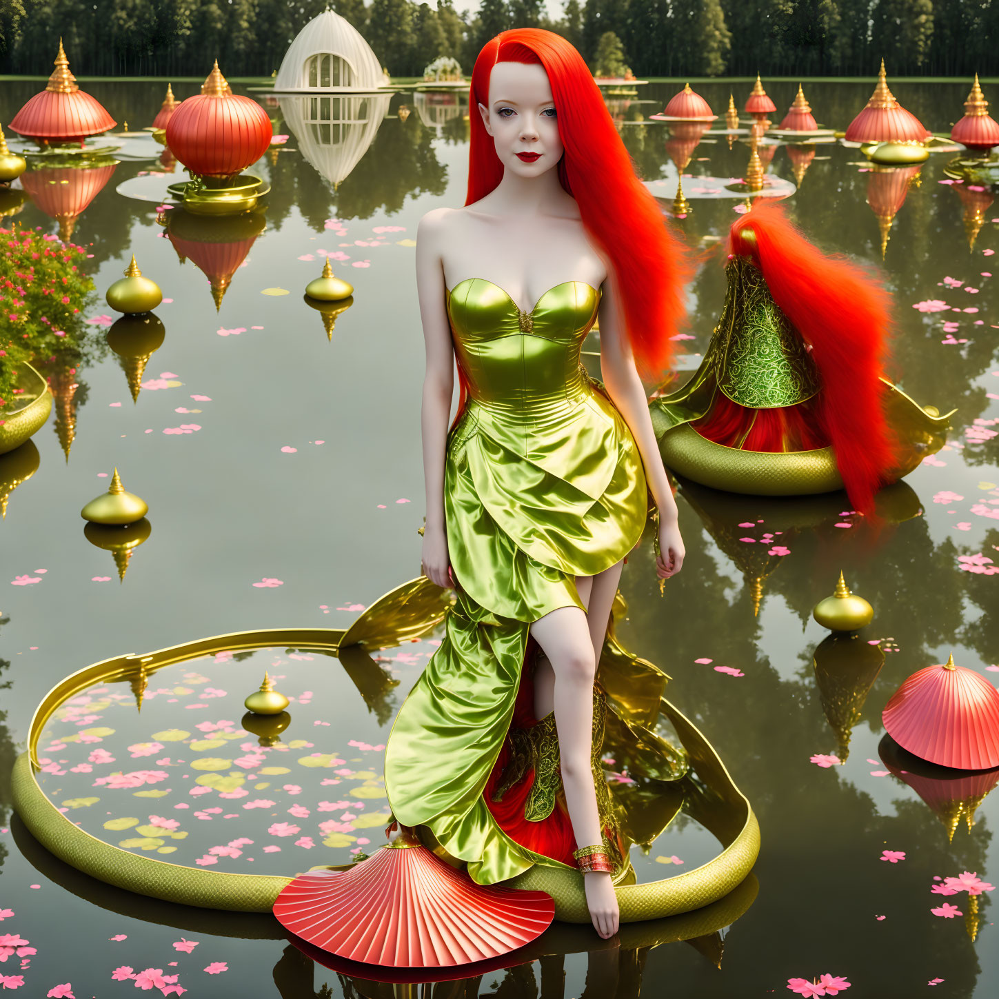 Red-haired woman in green dress on circular platform in fantastical pond