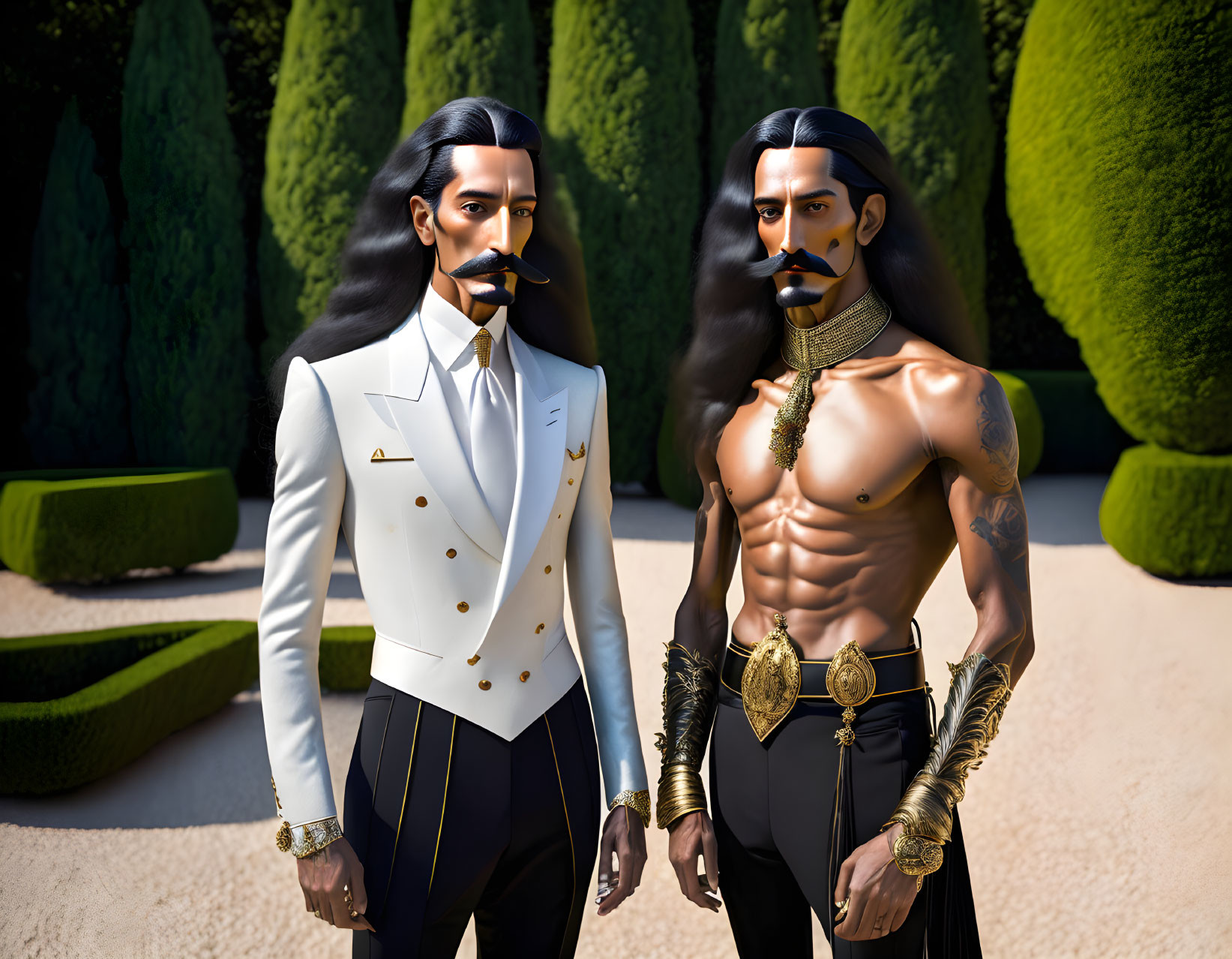 Stylized animated male figures in formal garden: naval officer and shirtless man with gold accessories