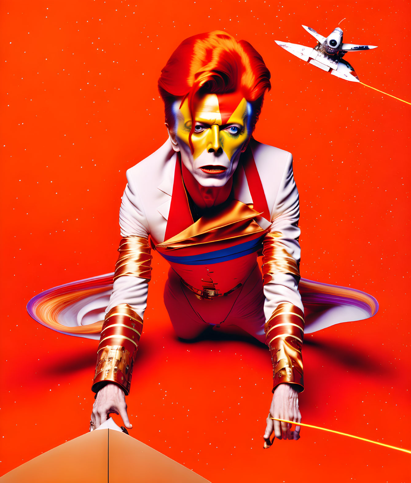 Colorful face paint person in bold suit on red background with spaceship illustration