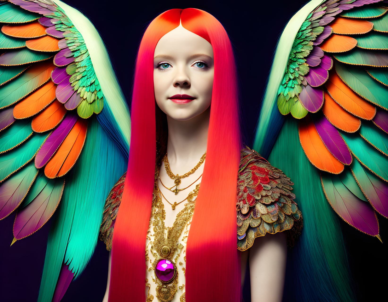 Vibrant orange hair woman with multicolored angel wings and gold accessories