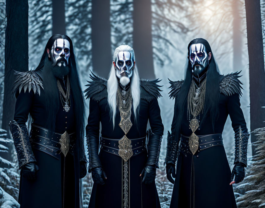 Three individuals in skull makeup in dark costumes in snowy forest