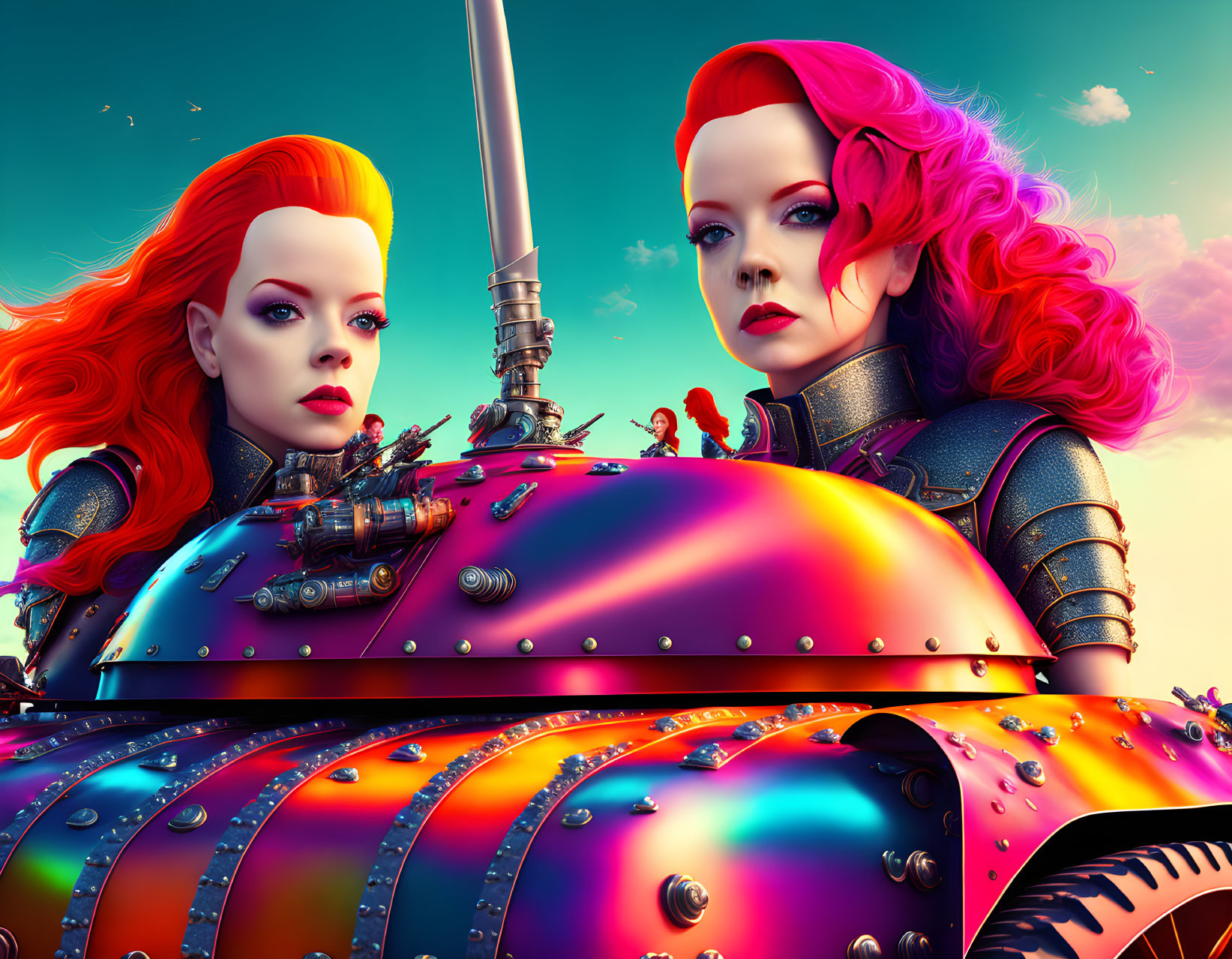 Identical red-haired women in futuristic armor with sword against vibrant sky