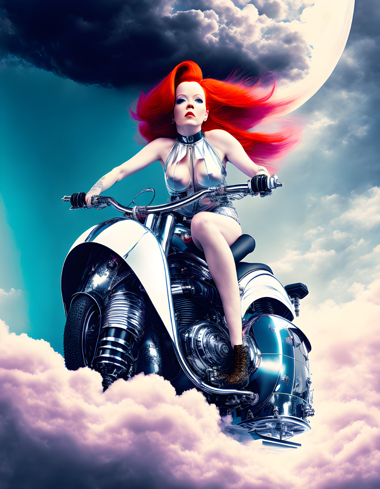 Red-haired woman on futuristic motorcycle under moonlit sky