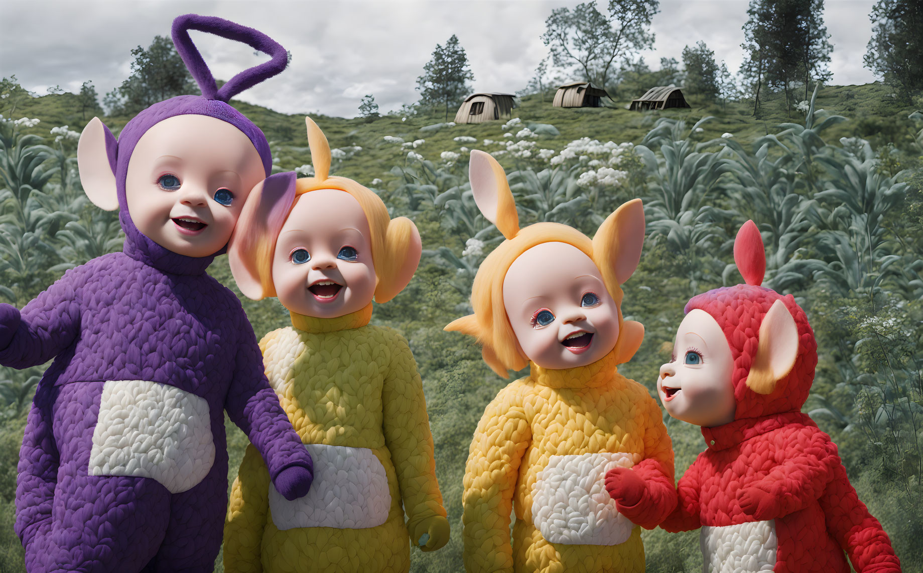 Four Colorful Teletubbies in Vibrant Green Setting