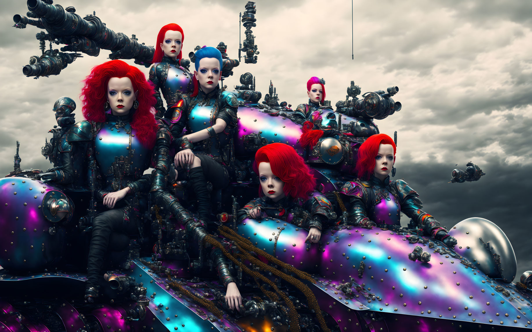 Futuristic female cyborgs with red hair and machinery under stormy sky