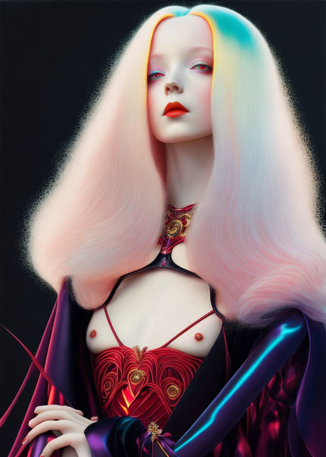 Surreal portrait of woman with pastel hair, alabaster skin, red lips, and