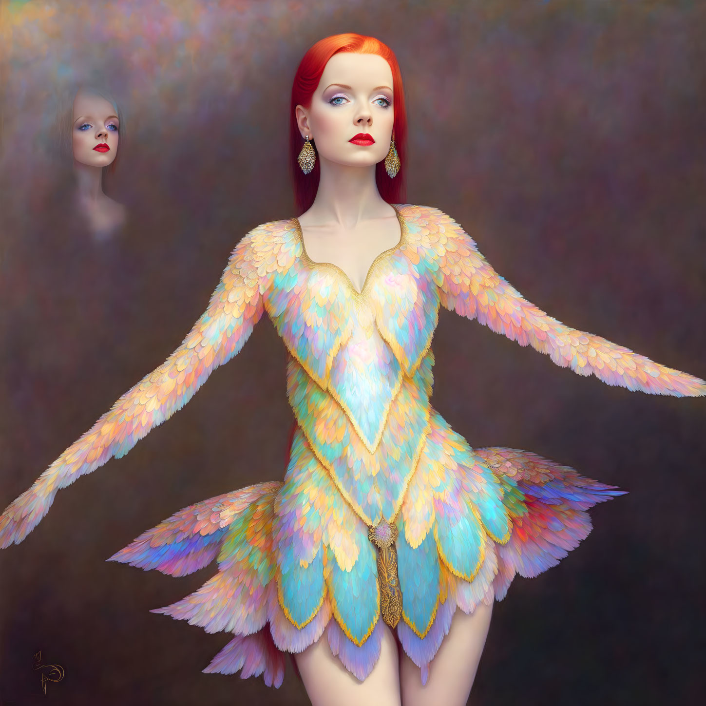 Red-Haired Woman with Multicolored Wings and Dress in Digital Painting