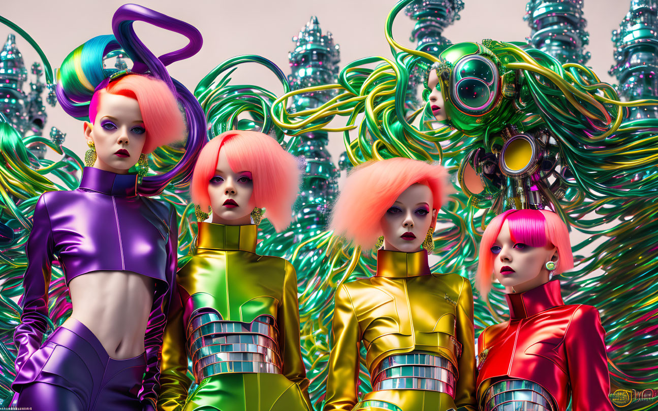 Four colorful futuristic female figures in metallic attire amidst green tubing and mechanical structures
