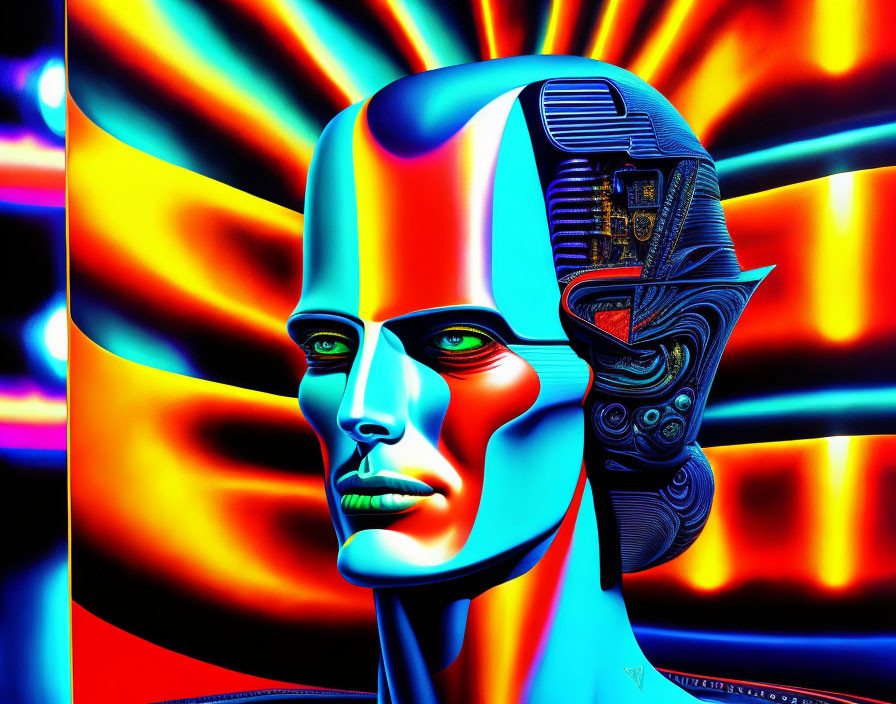 Colorful humanoid robot art with vibrant face and mechanical details