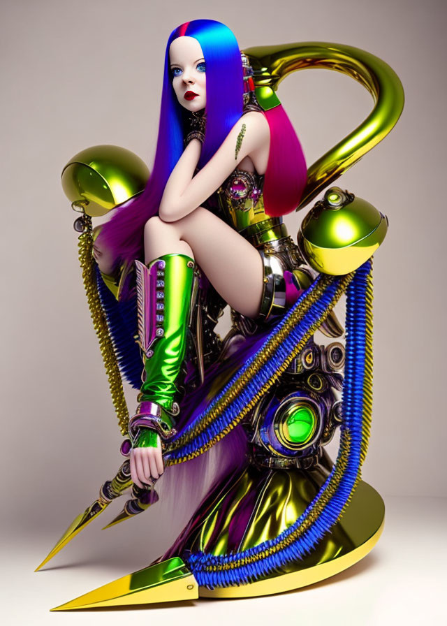 Futuristic digital artwork of female figure with purple hair on metallic throne with blue cables