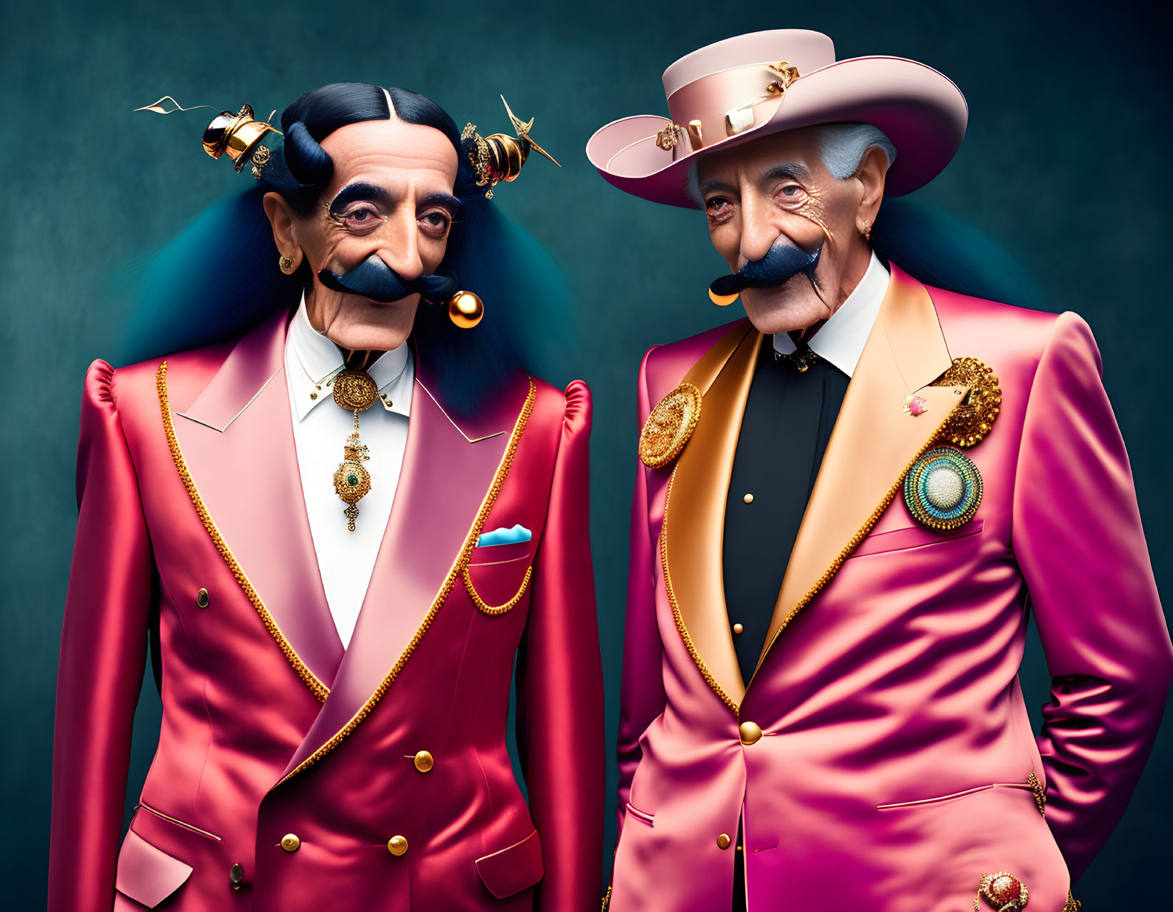 Stylized characters in pink suits with extravagant moustaches and surreal accessories