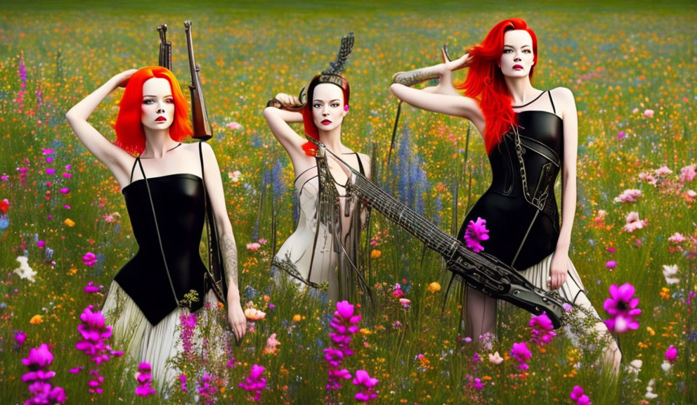 Three Women with Red Hair in Black Dresses Standing in Flower Field with Violin