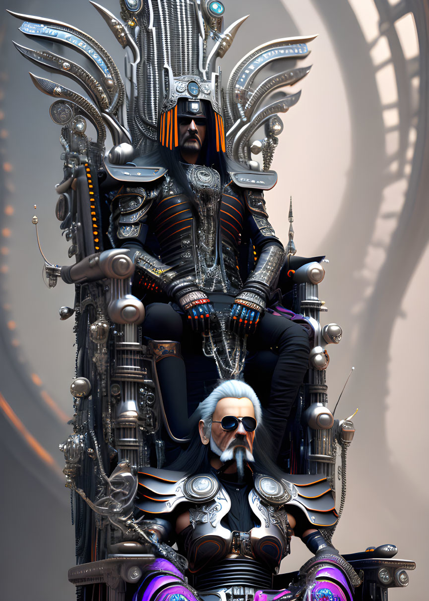 Futuristic characters in ornate armor: regal figure on throne, stoic standing character