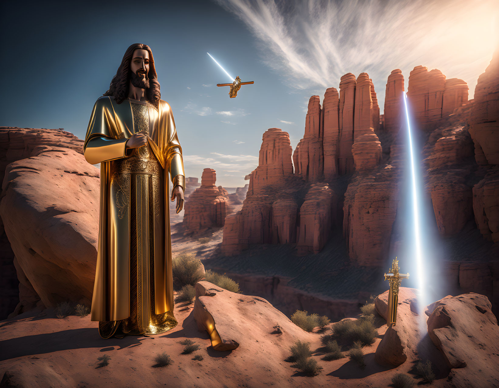 Religious and futuristic digital art: Jesus-like figure in golden robes with lightsaber, plane, and