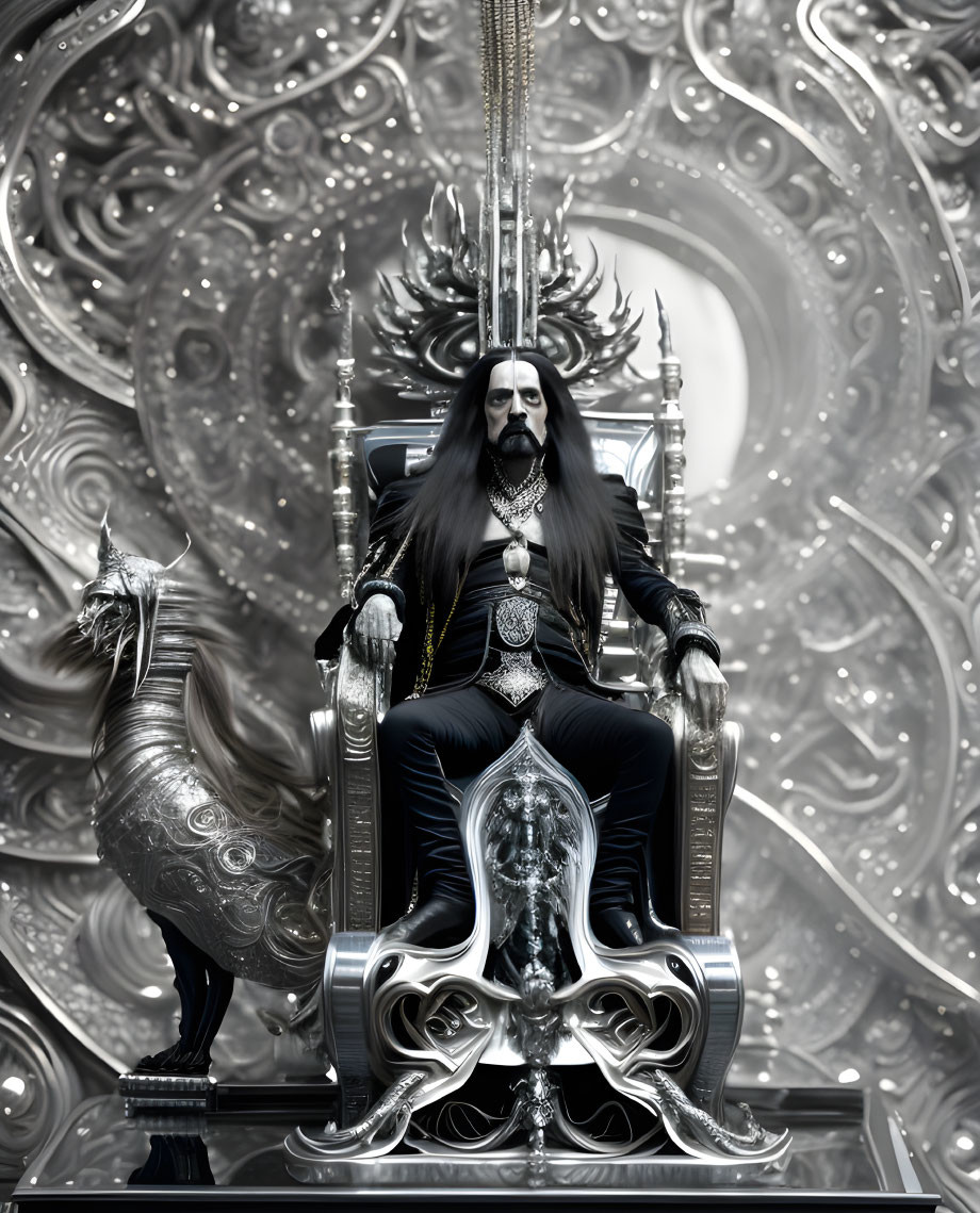 Regal figure with dark hair on ornate throne with metallic wolf on silver backdrop