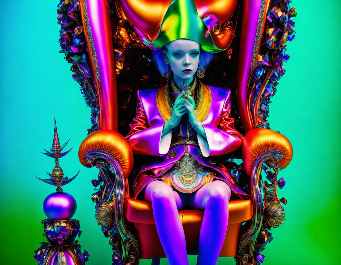 Colorful makeup and attire on person seated on baroque throne against gradient background