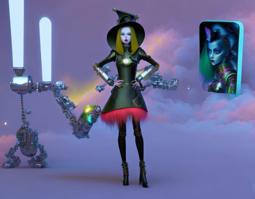 Female character with robotic arms in futuristic outfit and witch's hat in neon portrait.