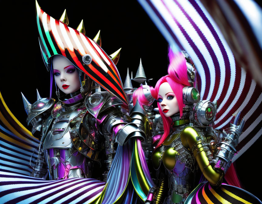 Vibrant futuristic female figures in armored costumes on black background