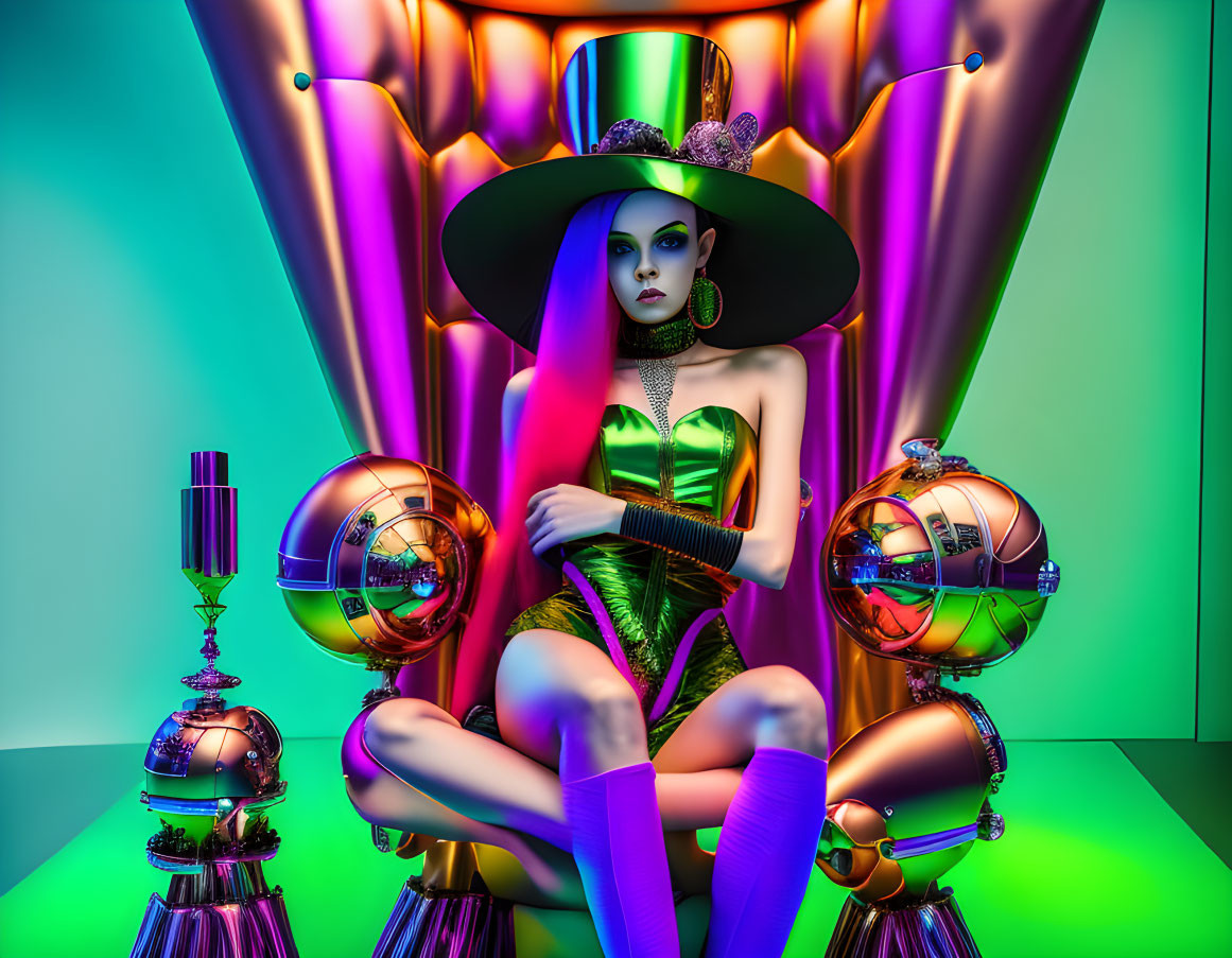 Vibrant green dress and futuristic throne in neon-lit room