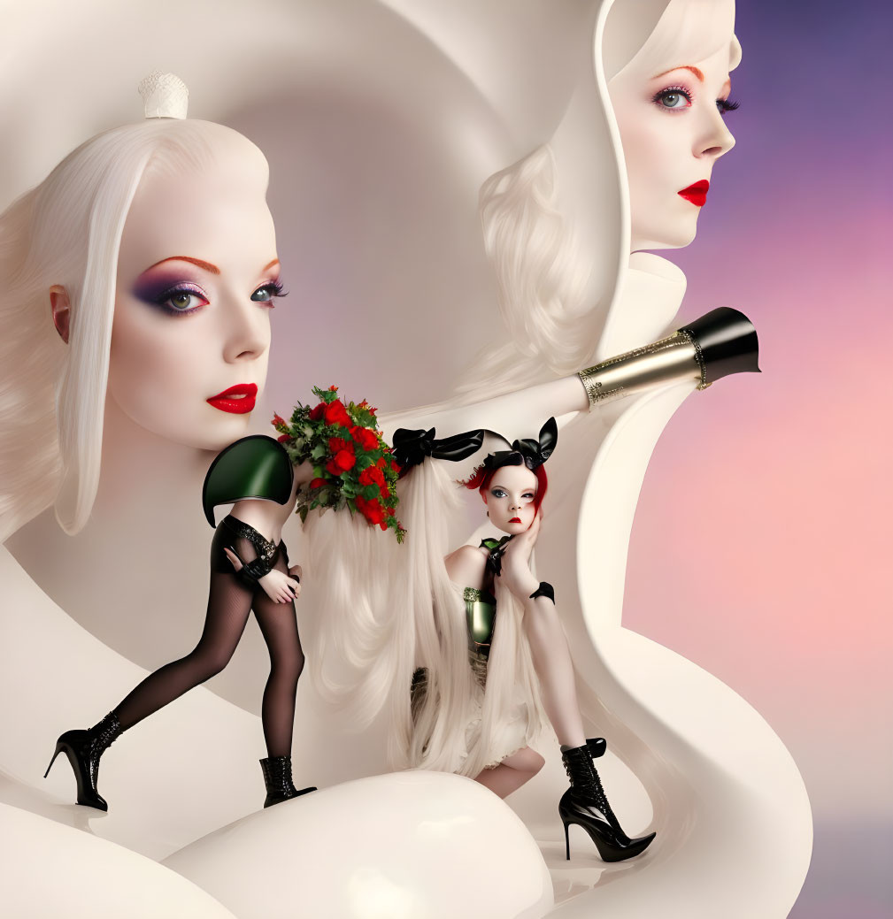 Surreal image of stylized doll-like female figures