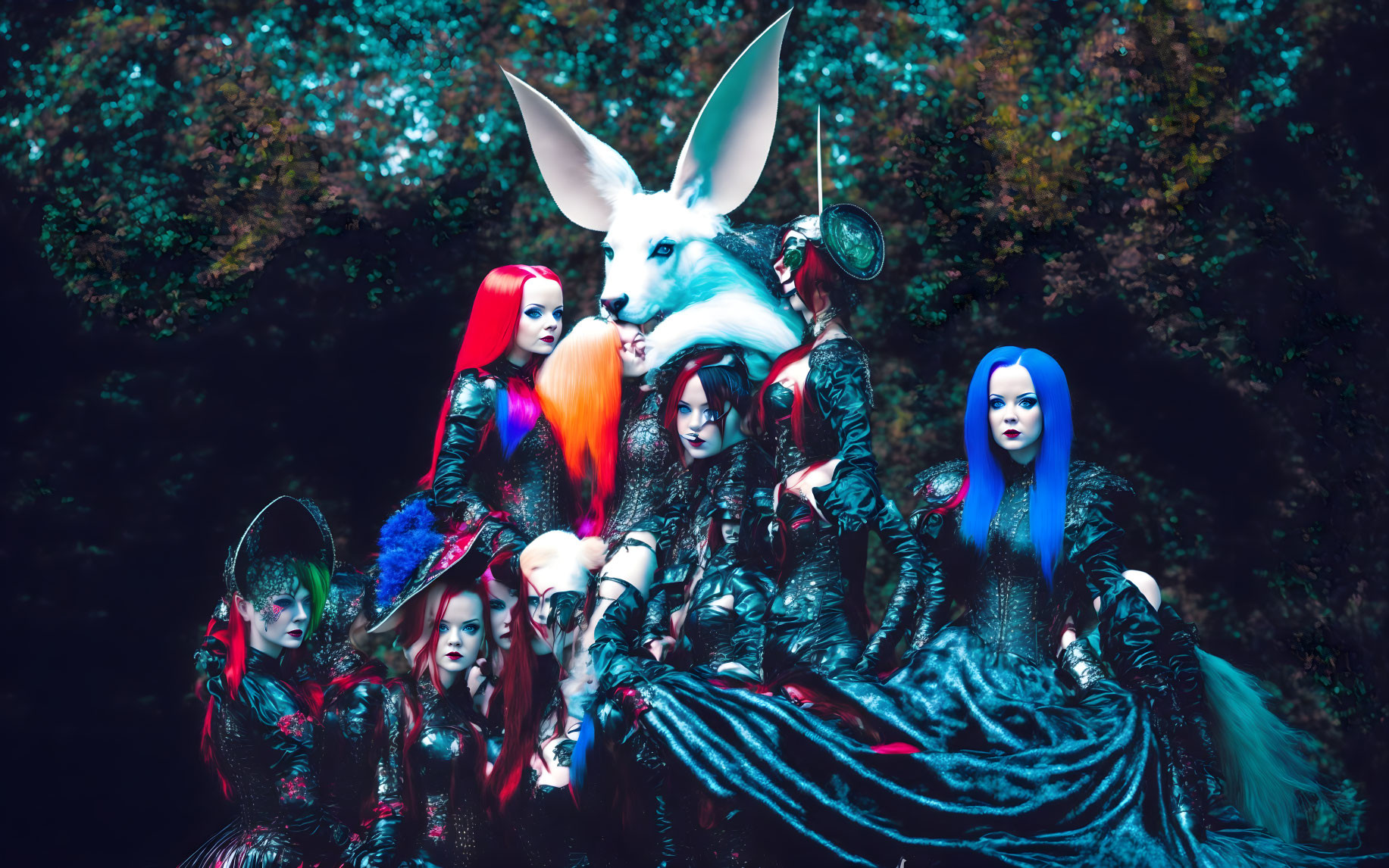 Fantasy-themed photoshoot with vibrant hair colors and rabbit headpiece in mystical forest.